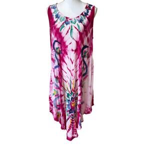 Riveria Sun Coverup Dress One Size Pink Floral Tie Dye Sequins Swimwear Trip